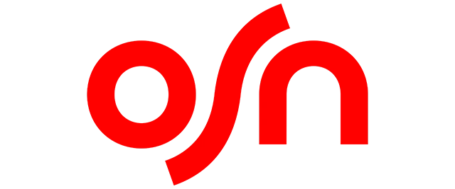 Red lowercase letters osn in a modern, rounded font with the s curving upward and connecting to the n on a transparent background.