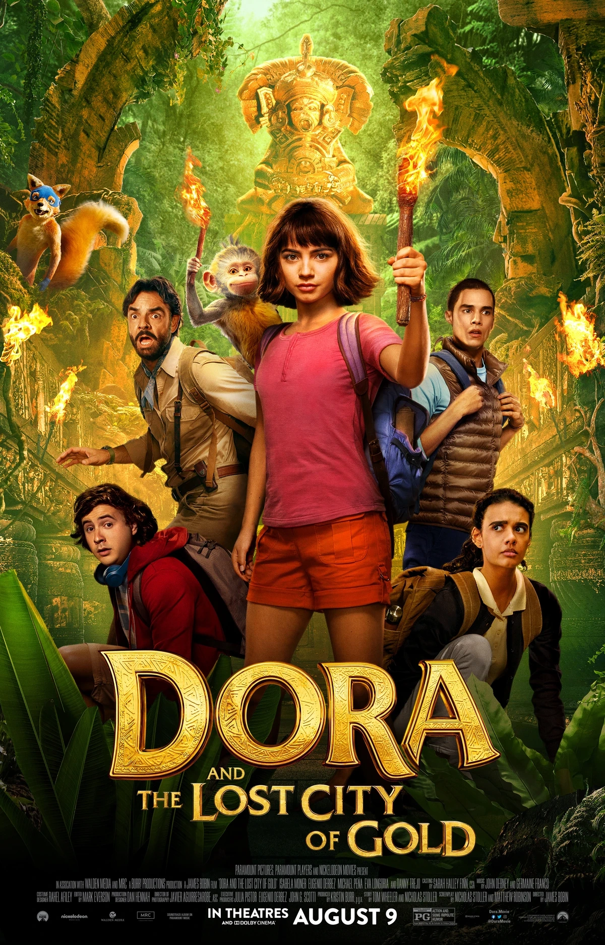 Movie poster for Dora and the Lost City of Gold showing Dora holding a torch, surrounded by four companions and a monkey, with a jungle and golden statue in the background. Film title and release date are displayed below.