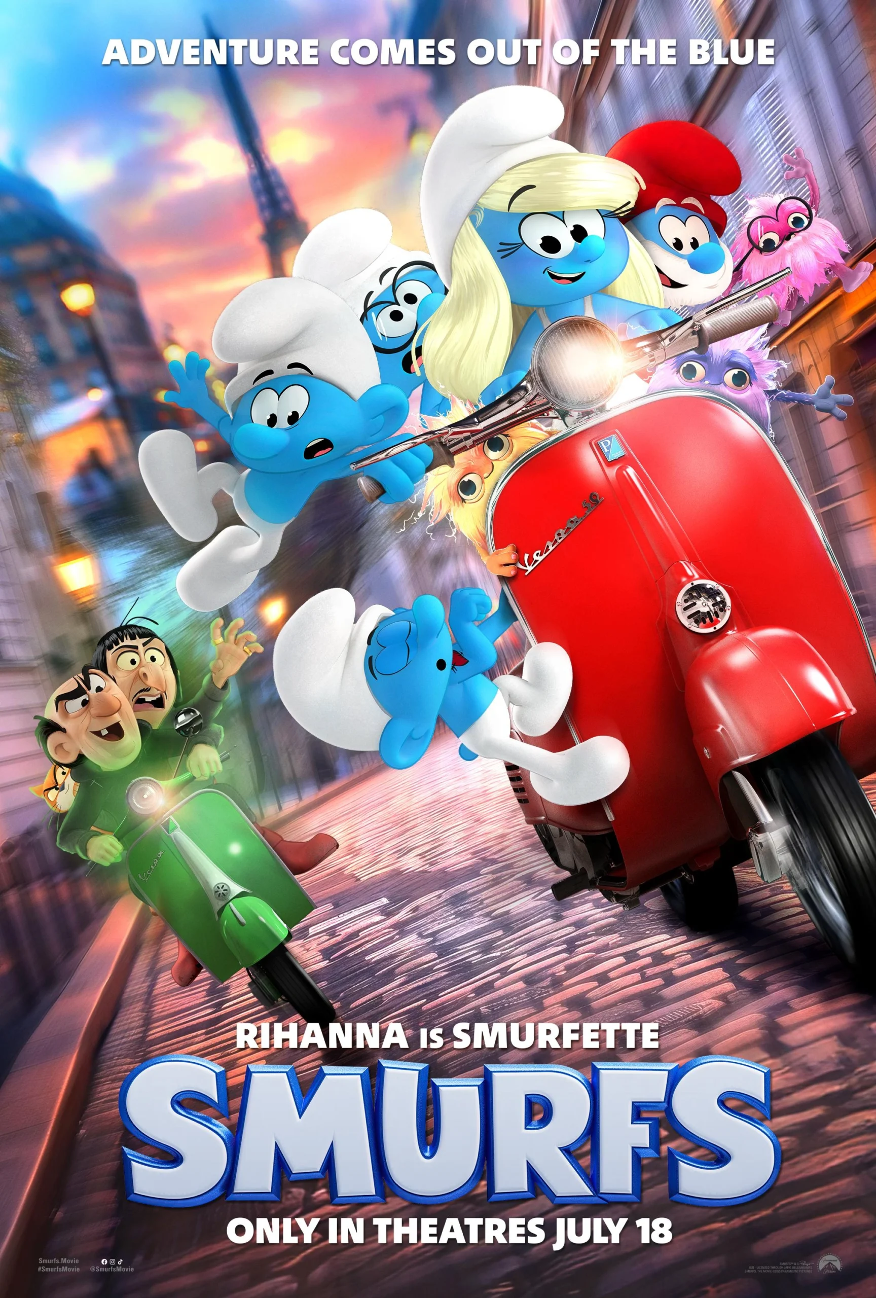 Poster for Smurfs shows Smurfette and other Smurfs riding a red scooter down a city street, looking excited, with two frightened characters behind them. Text reads, Adventure comes out of the blue, and Only in theatres July 18.