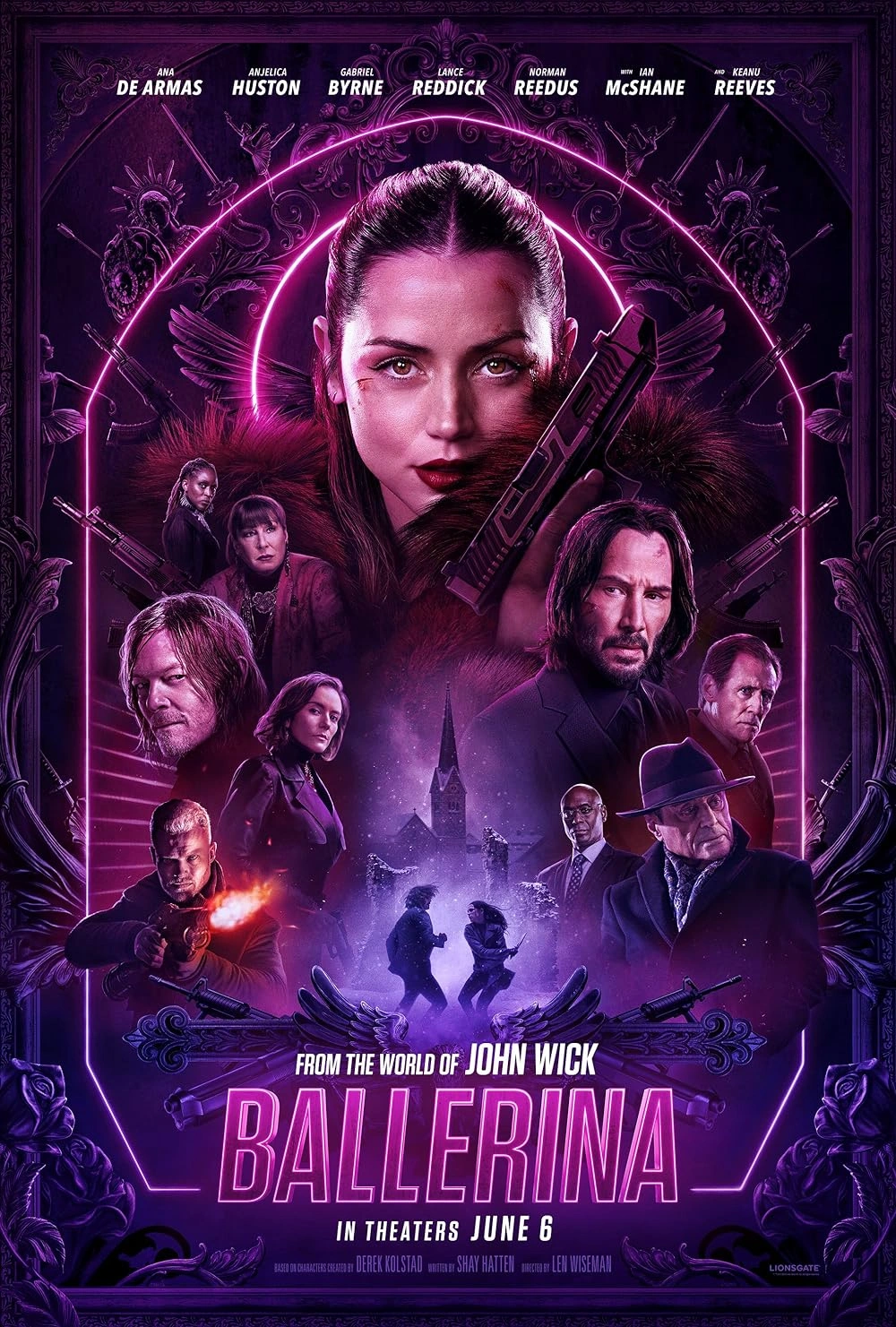 Movie poster for Ballerina featuring Ana de Armas holding a gun at the center, surrounded by other characters, with neon purple and pink tones, and text detailing the cast and release date, June 6.