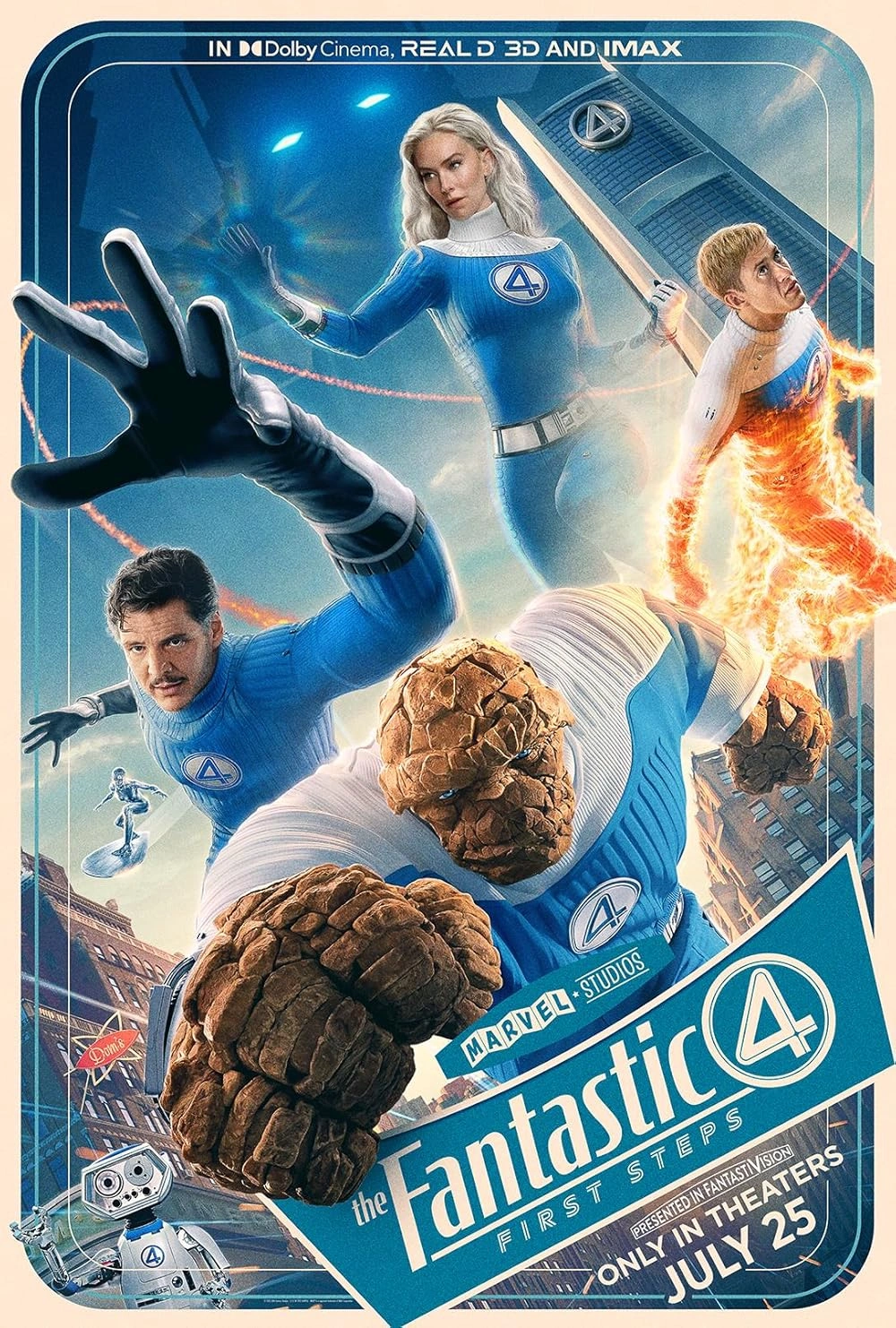 Four superheroes in blue suits—Mr. Fantastic, Invisible Woman, Human Torch, and The Thing—pose heroically amid action scenes. The poster reads The Fantastic Four and notes the release date: July 25.