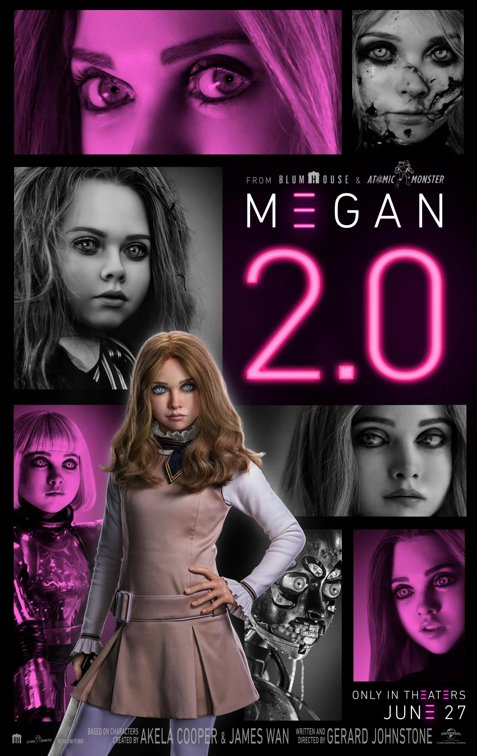 Movie poster for M3GAN 2.0 featuring a lifelike doll with piercing eyes in various close-ups and poses, highlighted with purple and pink tones. Text reads: M3GAN 2.0 and Only in Theaters June 27.