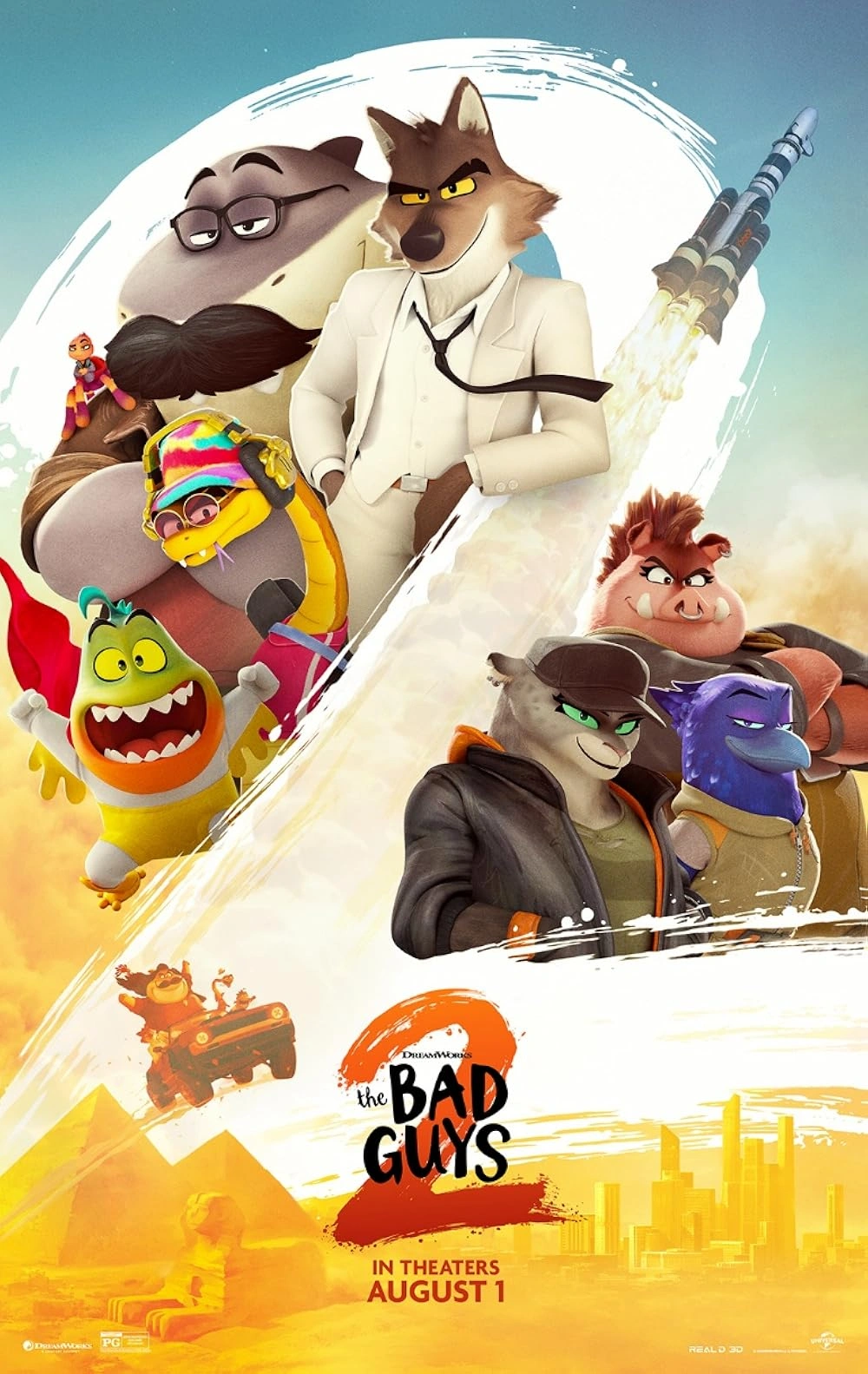 Animated movie poster for The Bad Guys featuring anthropomorphic characters including a wolf, snake, shark, piranha, and tarantula in various poses, with a cityscape and a desert pyramid in the background. Release date: August 1.