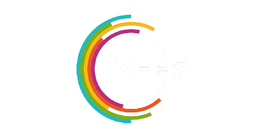 ZEE5 logo featuring a white circle with ZEE5 text in black and white, surrounded by colorful, curved lines on a black background.