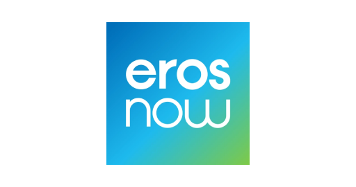 The Eros Now logo features the words eros now in lowercase white letters centered on a blue and green gradient background.