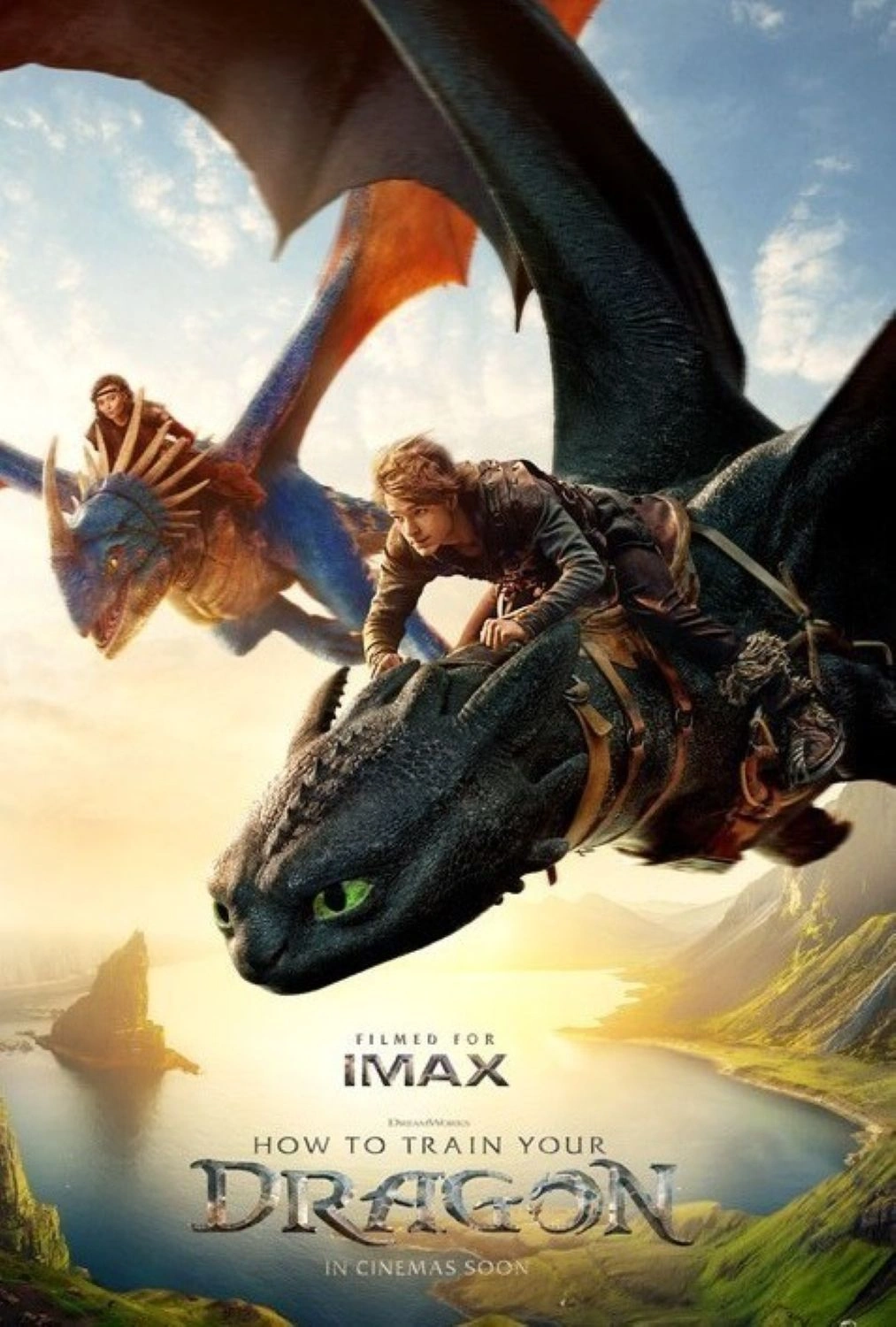 A poster for How to Train Your Dragon shows two characters riding dragons flying over a scenic landscape, with mountains, water, and clouds in the background. The film’s title and IMAX branding appear at the bottom.