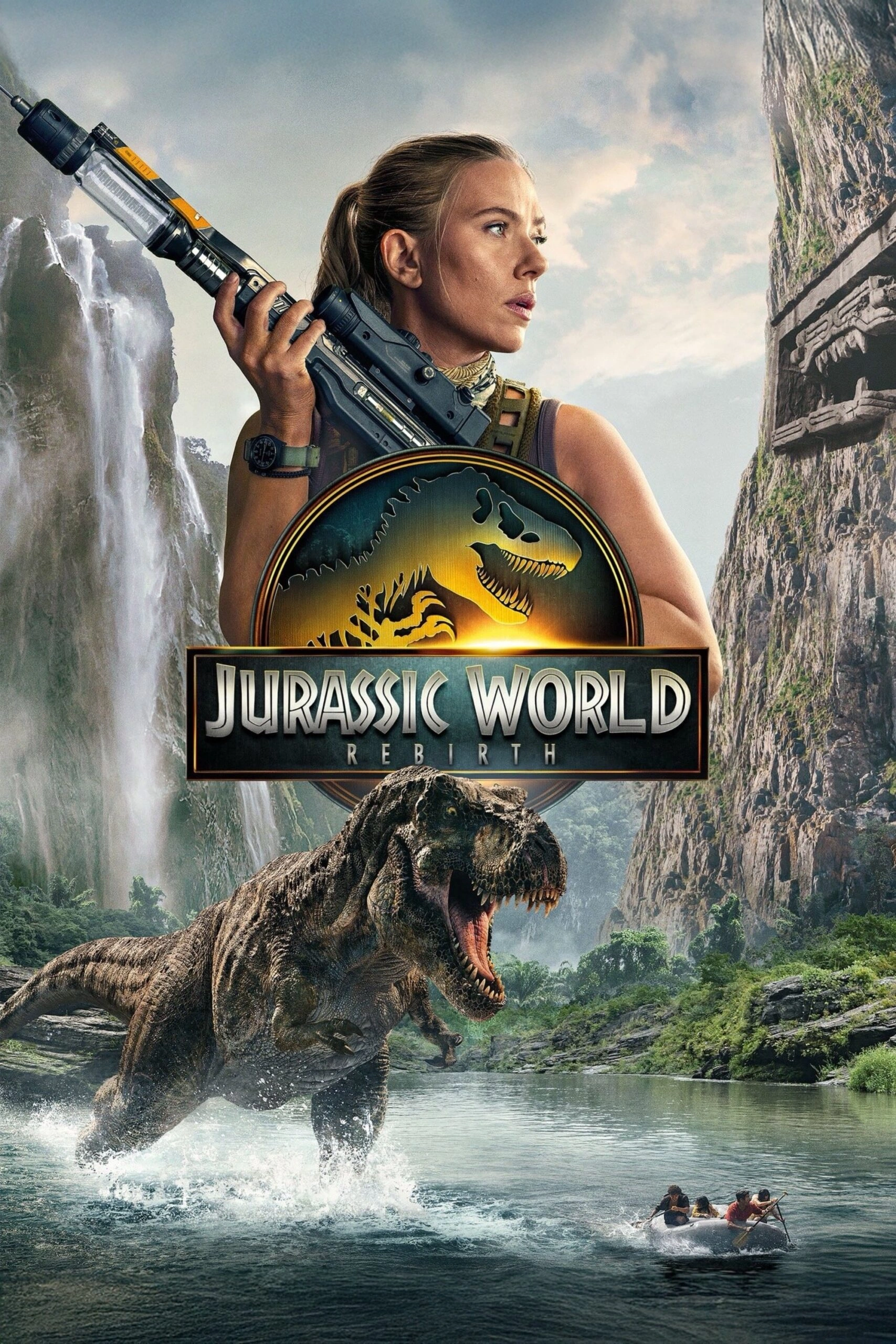 A woman holding a large gun stands in front of a jungle canyon with waterfalls. Below, a roaring T-rex chases a small boat with people. The text “Jurassic World Rebirth” appears in the center.